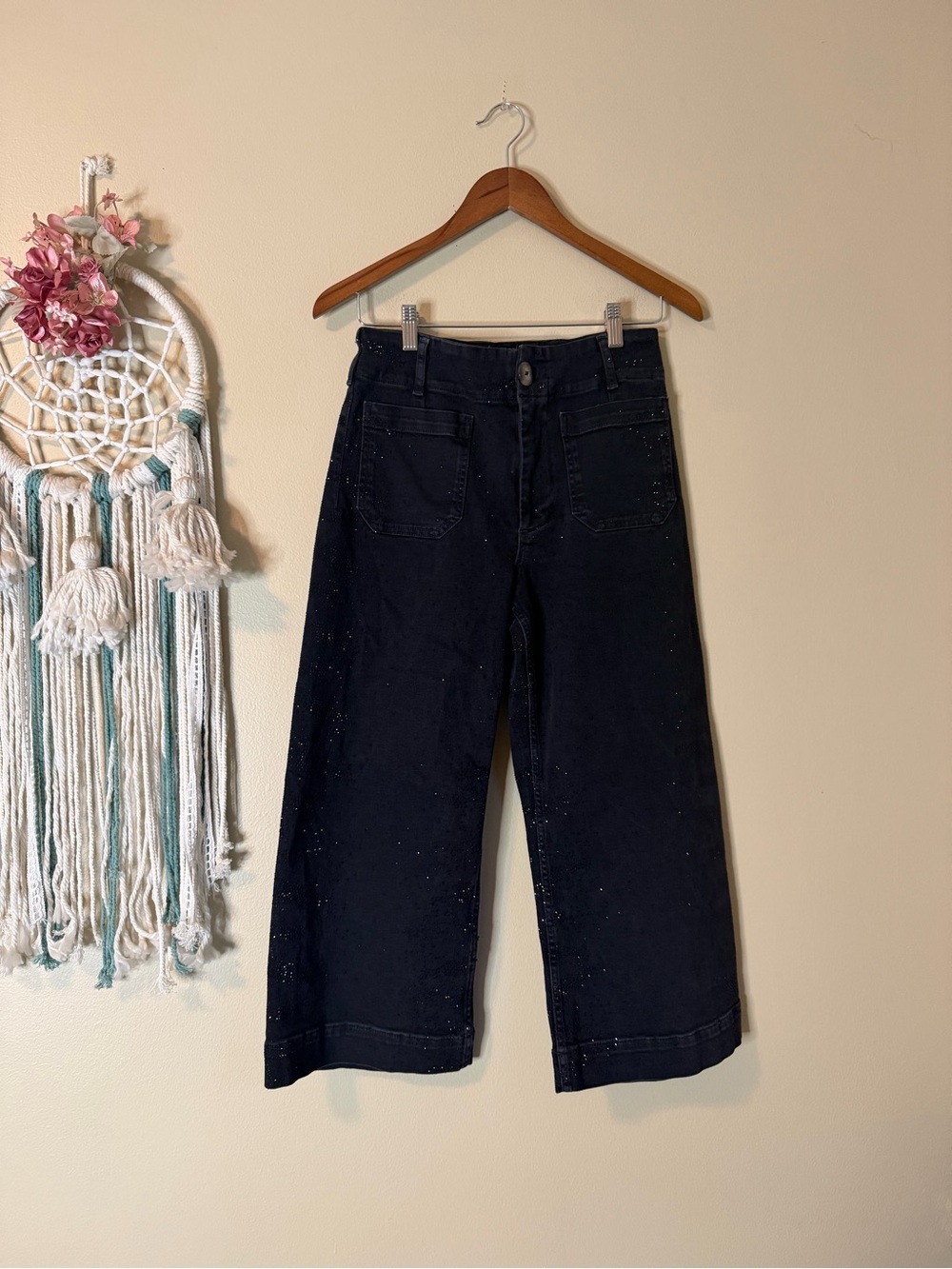 Anthropologie Maeve The Colette Sparkle Crop Wide Leg Denim Pants Black Size 29P